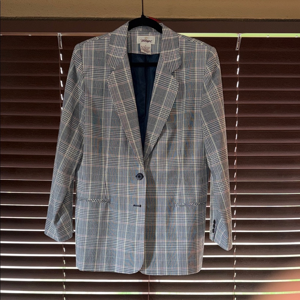 Worthington Blue and Gray Plaid Single-Breasted Blazer
